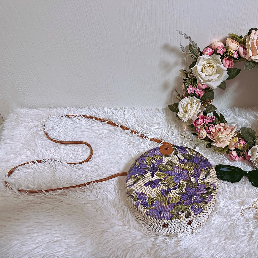 Round Purple Floral Rattan Sling Bag, Handwoven Shoulder Bag, Summer Bag